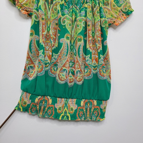 INC Top Blouse Short Sleeve Scoop Neck Smocked Green Ruffled Size Medium … - Picture 7 of 14